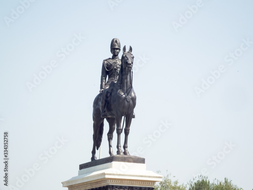 The equestrian statue of King Chulalongkorn  Rama V  Monument  with blue sky.