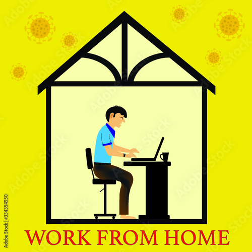 COVID-19 . WORK FROM HOME. COVID-19 Lockdown Quarantine  with Coronavirus icon logo vector Illustration. Coronavirus in home isolation lockdown.  Healthcare and medical concept.