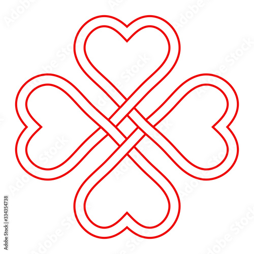 Symbol love and good luck, vector interlacing knot of hearts, four-leaf clover shape to attract good luck and love on St. Patricks day
