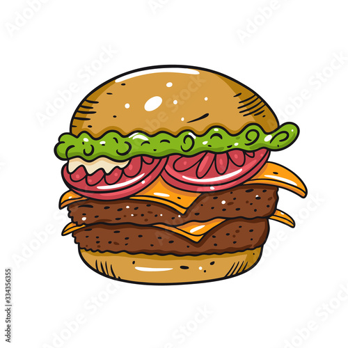Double Cheeseburger. Hand drawn vector illustration in cartoon style. Isolated on white background.