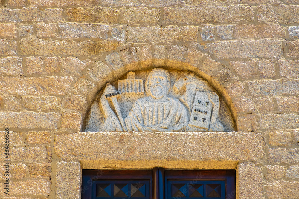 Olbia, Italy - Facade relief of XVIII century St. Paul Apostle Church - Chiesa di San Paolo Apostolo - at the Via Cagliari street in the historic old town quarter
