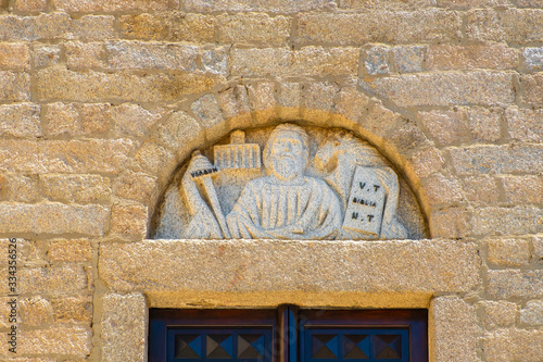 Olbia, Italy - Facade relief of XVIII century St. Paul Apostle Church - Chiesa di San Paolo Apostolo - at the Via Cagliari street in the historic old town quarter