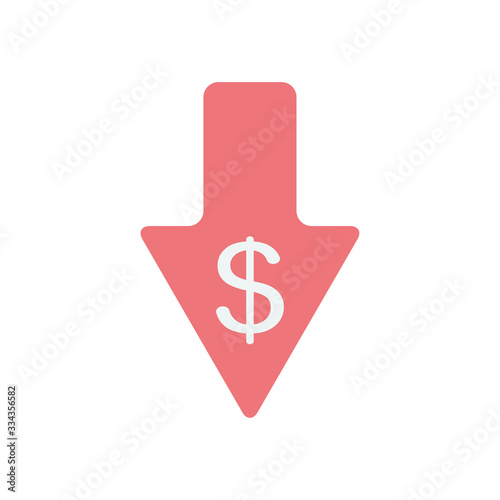 arrow down with money symbol icon, flat style