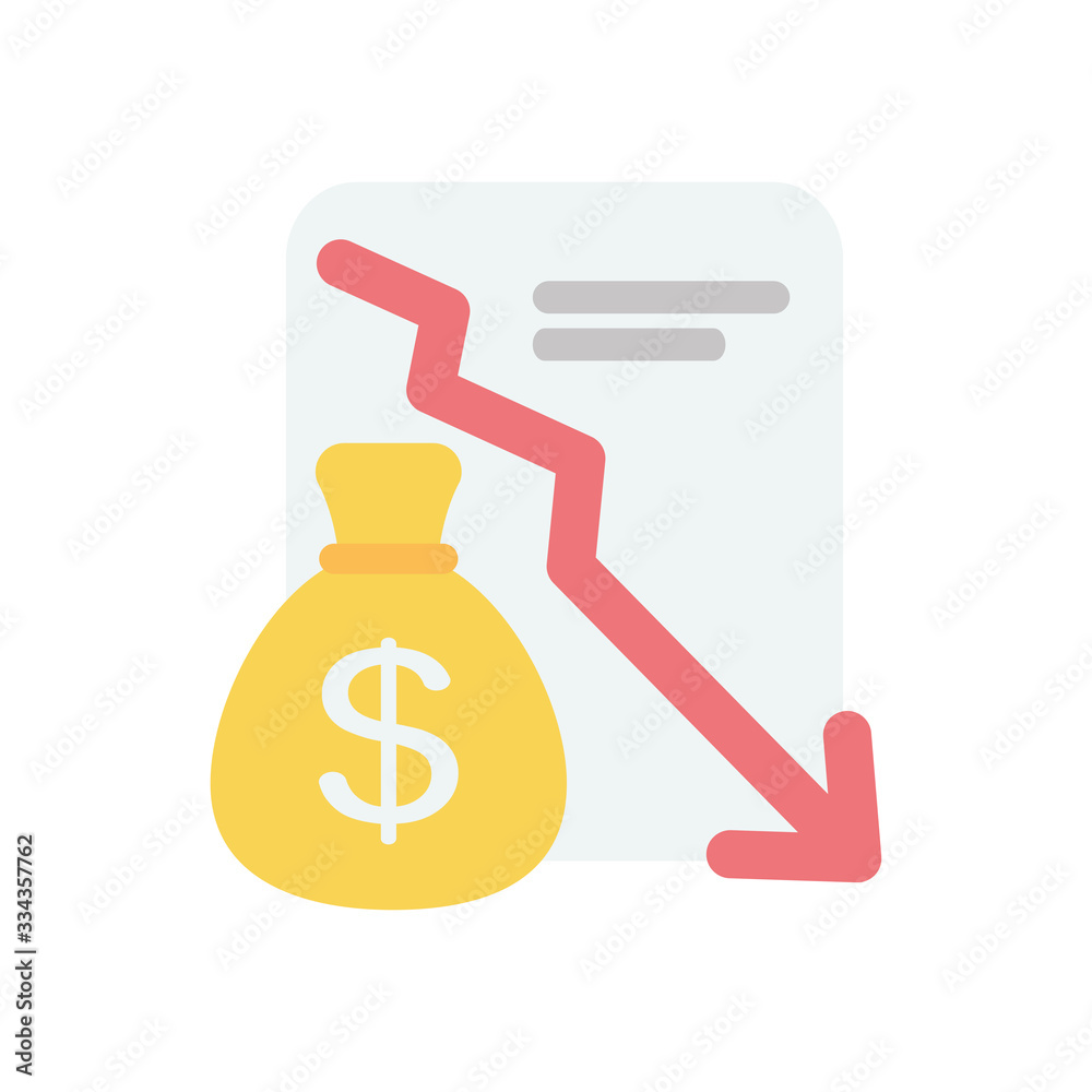 stock market crash concept, financial report and money bag icon, flat style stock market crash concept, financial report and money bag icon, flat style
