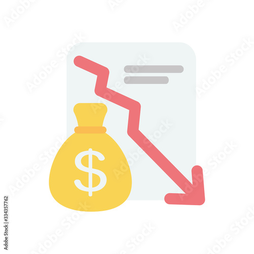 stock market crash concept, financial report and money bag icon, flat style