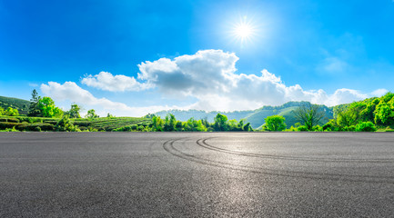 Race track road and green tea plantation nature landscape.