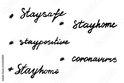Stay Home hand lettering. Hashtag and slogan for self isolation to stop spread of coronavirus.