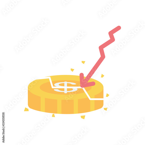 stock market crash concept, graphic bar with descending financial arrow and broken coin, flat style