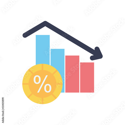 stock market chart concept, descending graphic bar chart and coin icon, flat style
