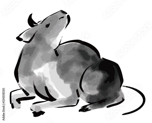 牛 水墨画イラスト