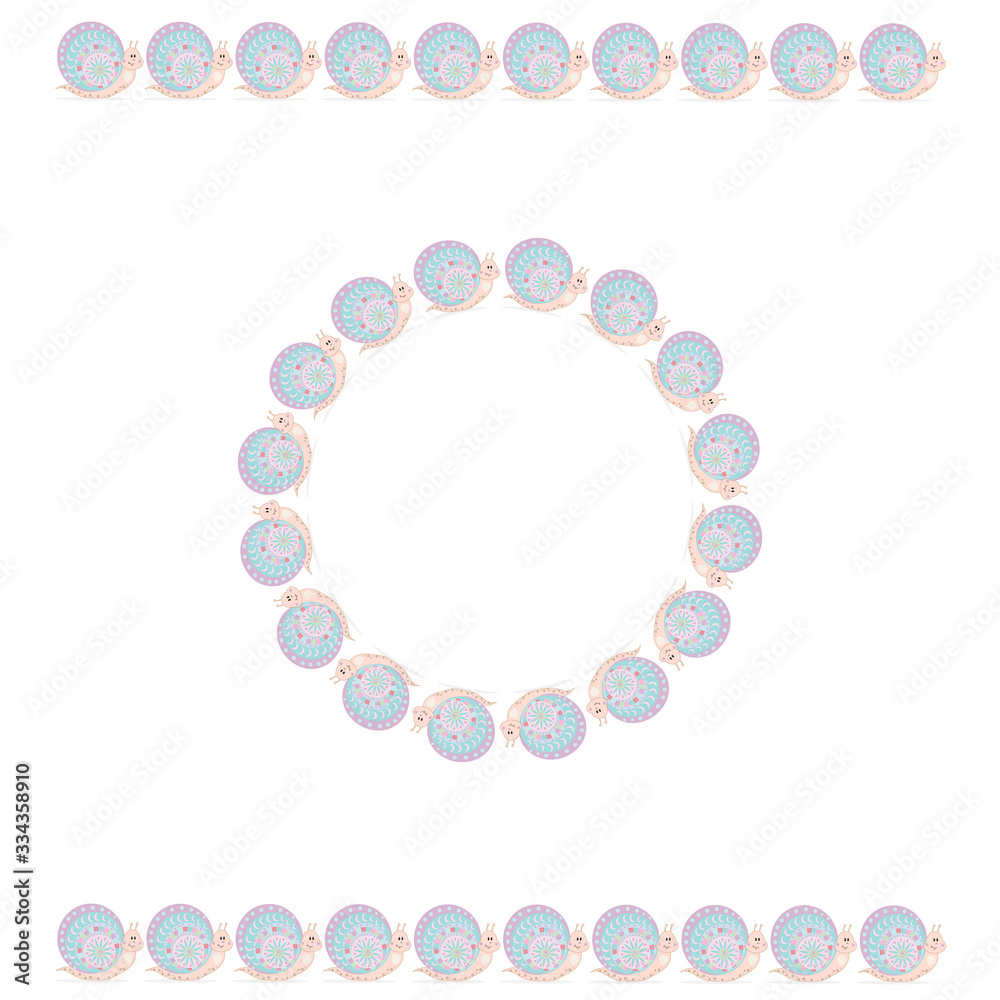 Obraz premium Round frame and border frame of a chain of multicolored snails on a white background, isolated, vector illustration