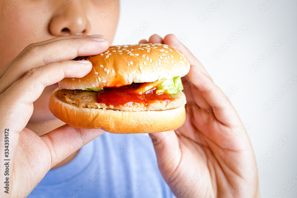 Asian fat boy eats hamburgers. Food concepts that cause children's physical health problems Causing easy diseases such as obesity. White background. Asian fat boy eats hamburgers. Food concepts that cause children's physical health problems Causing easy diseases such as obesity. White background.