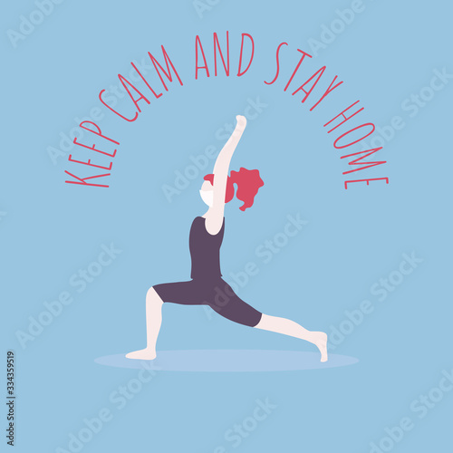 COVID-19 self quarantine. Standing in anjaneyasana pose. Beautiful girl with red hair in mask does yoga. Meditation wellness vector art. Self isolation during coronavirus. Keep Calm and stay home.