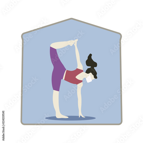 COVID-19 prevention. Beautiful athletic girl in mask does yoga at home. Social distancing during pandemia of coronavirus. Stay home, stay safe concept. Yoga pose, meditation and healthy lifestyle.