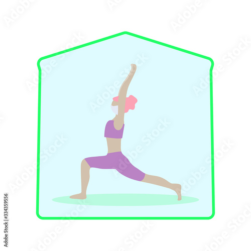 COVID-19 self quarantine. Standing in anjaneyasana pose. Beautiful girl with pink hair in mask stay at home does yoga. Meditation wellness vector illustration. Self isolation during coronavirus.