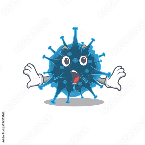 A cartoon character of moordecovirus making a surprised gesture