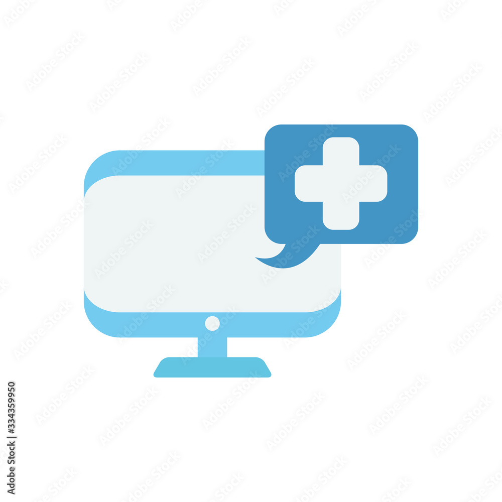 Fototapeta premium computer with speech bubble with medical cross icon, flat style