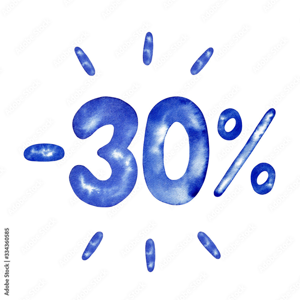 Minus 30 percent, 30%, thirty percent in blue for flyer, poster, shopping, sign, discount, marketing, selling, banner, web, header, watercolor illustration Minus 30 percent, 30%, thirty percent in blue for flyer, poster, shopping, sign, discount, marketing, selling, banner, web, header, watercolor illustration