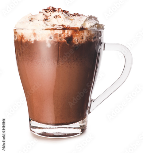 Cup of hot chocolate on white background photo