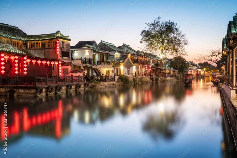 Beautiful night view and houses along the river in Xitang ancient town, Zhejiang Province..