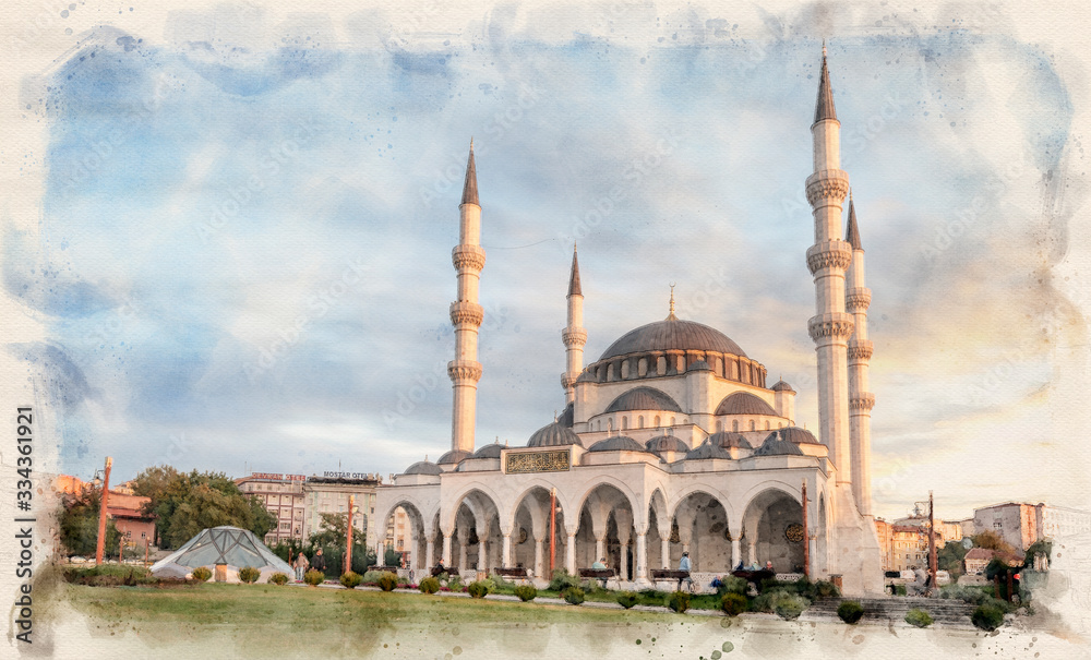 New Melike Hatun Mosque in Ankara, Turkey, close to Genclik Park, in the capital city in watercolor illustration style