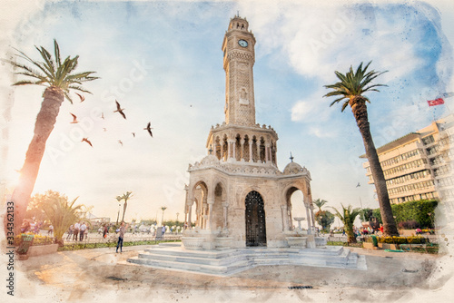 Konak Square street view with old clock tower (Saat Kulesi) in Izmir, Turkey at sunset. It was built in 1901 and accepted as the official symbol of the city. watercolor sketch painting