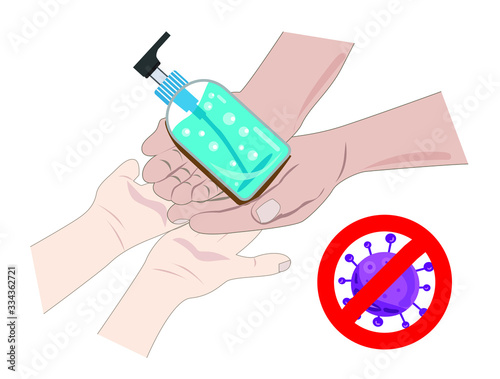 The hands of adults, send gel to wash hands for children, prevent disease, on a white background