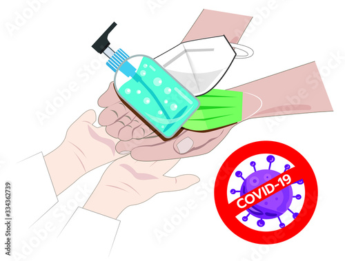 Hands send hand sanitizing masks, mask to doctors, to prevent disease covid-19, on a white background