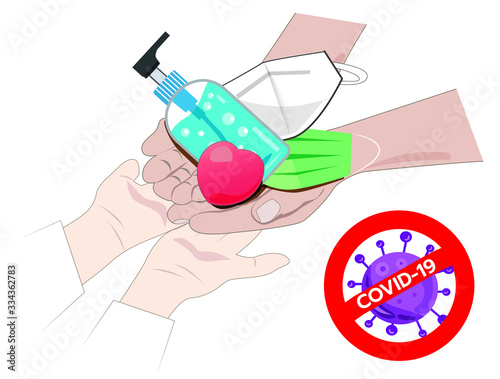 Hands send hand sanitizing masks, mask to doctors, to prevent disease covid-19, on a white background