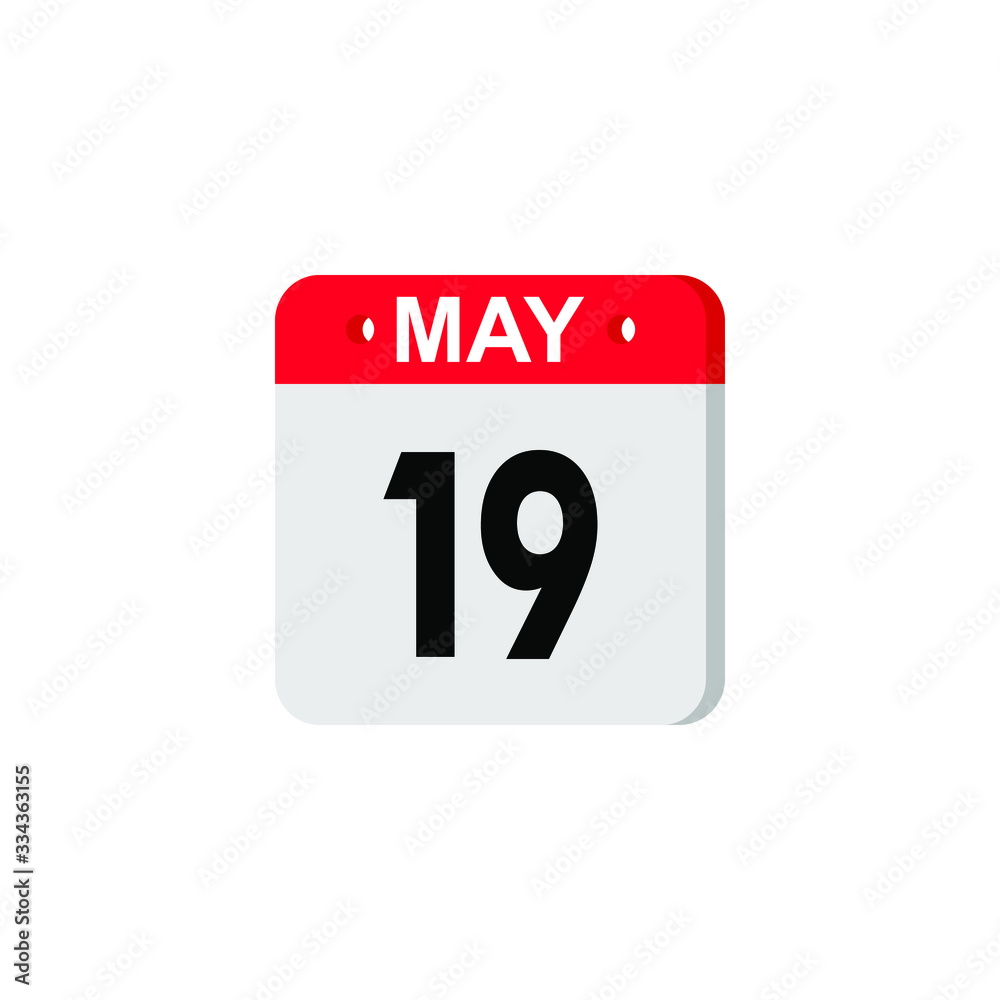 May 19 calendar icon. Planner holiday date isolated on white background. Color illustration in flat design. Vector illustration. EPS10 May 19 calendar icon. Planner holiday date isolated on white background. Color illustration in flat design. Vector illustration. EPS10