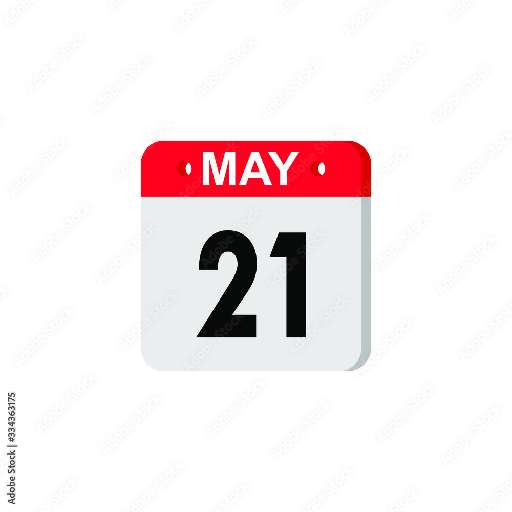May 21 calendar icon. Planner holiday date isolated on white background. Color illustration in flat design. Vector illustration. EPS10 May 21 calendar icon. Planner holiday date isolated on white background. Color illustration in flat design. Vector illustration. EPS10