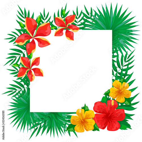 Botanical background. Exotic tropical flowers and leaves. Frame for banners, cards and web design. Isolated vector illustration on a white background.