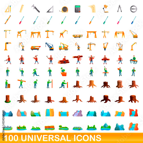 100 universal icons set. Cartoon illustration of 100 universal icons vector set isolated on white background
