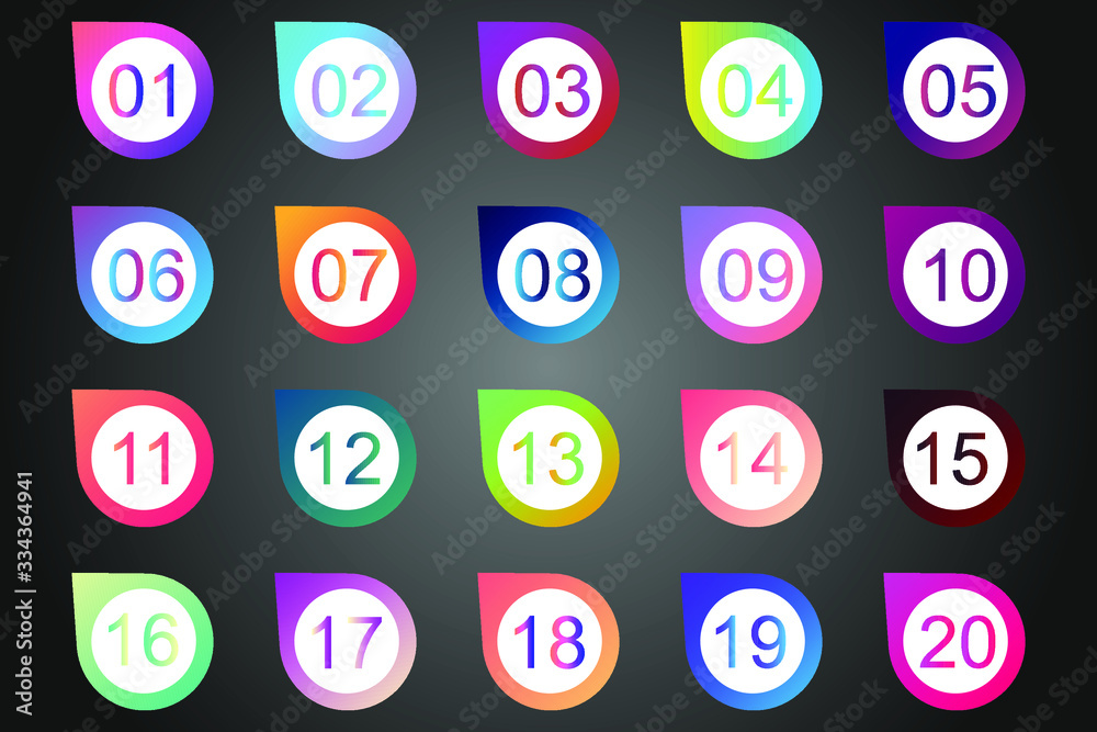 Super set arrow bullet point triangle flags on white background. Colorful gradient markers with number from 1 to 20. Modern vector illustration Super set arrow bullet point triangle flags on white background. Colorful gradient markers with number from 1 to 20. Modern vector illustration