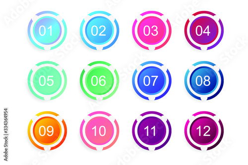 Super set arrow bullet point triangle flags on white background. Colorful gradient markers with number from 1 to 12. Modern vector illustration