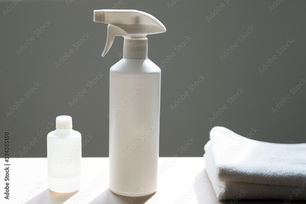 medical equipment on the table: disinfective spray and towels medical equipment on the table: disinfective spray and towels