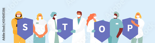Team group of scientists, doctors and virologists from the stop sign. Stop coronavirus pandemic. Vector illustration
