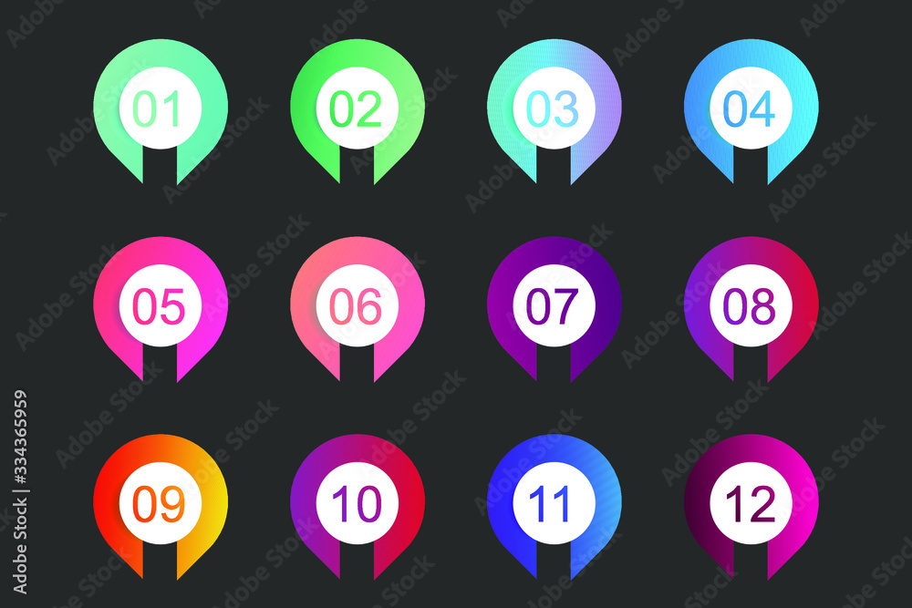Super set arrow bullet point triangle flags on white background. Colorful gradient markers with number from 1 to 12. Modern vector illustration Super set arrow bullet point triangle flags on white background. Colorful gradient markers with number from 1 to 12. Modern vector illustration