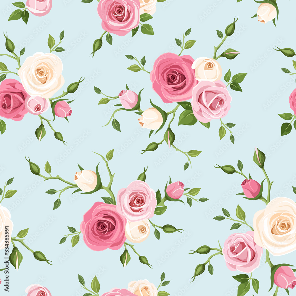 Vector seamless pattern with pink and white roses on a blue background.