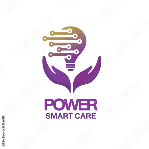 logo of power smart care, 2 hands holding the lighting bulb with the sign of technology in it.