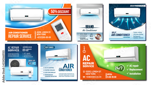 Air Conditioner Advertising Posters Set Vector. Different Promo Banners With External And Room Block Of Conditioner And Remote Controlling Tool. Climate Equipment Template Realistic 3d Illustrations