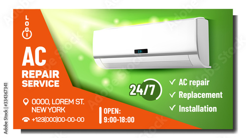 Air Conditioner Repair Service Promo Poster Vector. Ac Conditioner System Repair And Fix, Installation And Replacement. Climate System Equipment Marketing Layout Realistic 3d Illustration