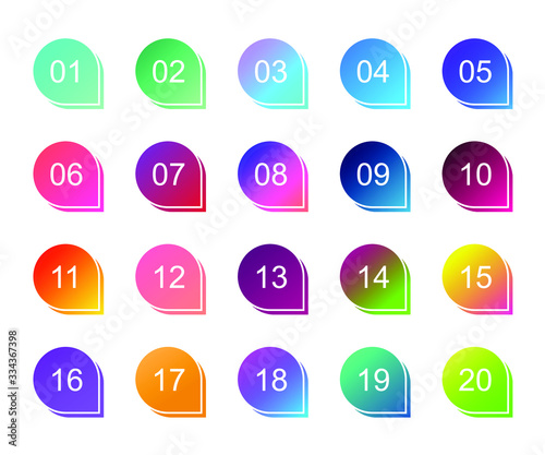 Super set arrow bullet point triangle flags on white background. Colorful gradient markers with number from 1 to 20. Modern vector illustration