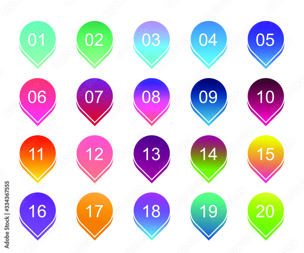 Super set arrow bullet point triangle flags on white background. Colorful gradient markers with number from 1 to 20. Modern vector illustration