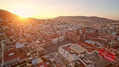 Drone Flight Over Zacatecas Downtown Sunrise Day