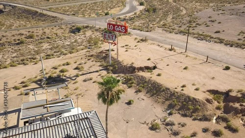 Aerial Drone 4k Iconic South West Classic Sign at Retro Vintage Abandoned Rest Stop