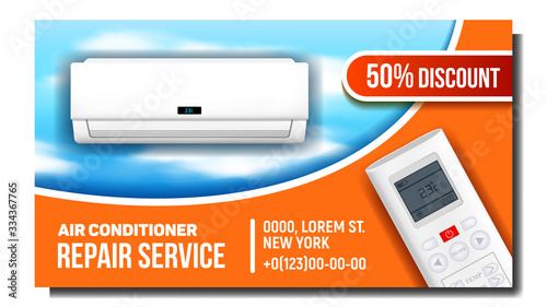 Air Conditioner Repair System Promo Banner Vector. Cooling And Heating Conditioner Block And Remote Control For House Or Office. Climate Technology Equipment Layout Realistic 3d Illustration