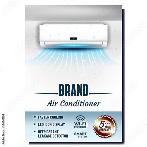 Air Conditioner System Advertising Poster Vector. Faster Cooling, Led Icon Display And Refrigerant Leakage Detector Smart System With Wi-fi Control. Room Cold Wind Mockup Realistic 3d Illustration