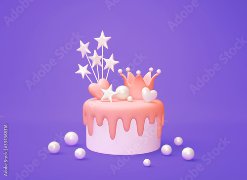 Birthday cake decorated crown, hearts and stars on purple blue background