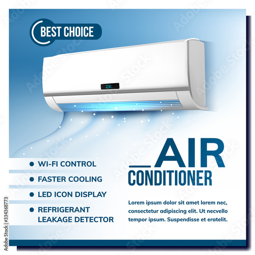 Air Conditioner System Advertising Poster Vector. Conditioner With Wi-fi Control, Faster Cooling, Led Icon Display And Refrigerant Leakage Detector. Climate Device Template Realistic 3d Illustration